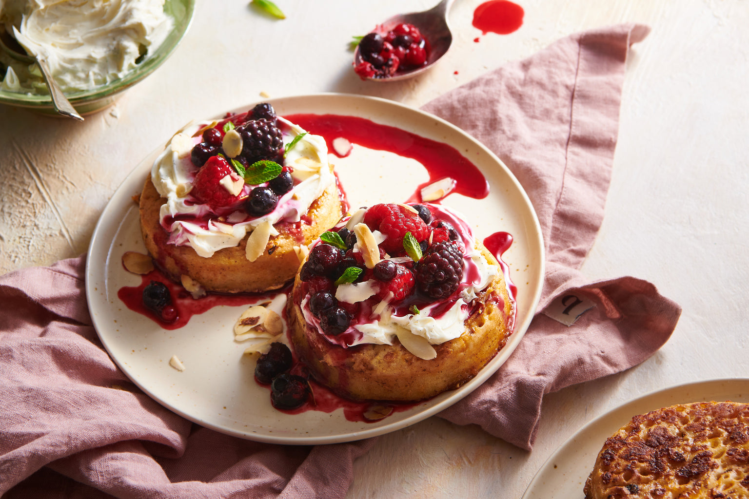 Cinnamon Crumpet French Toast with Vanilla Mascarpone and Berries
